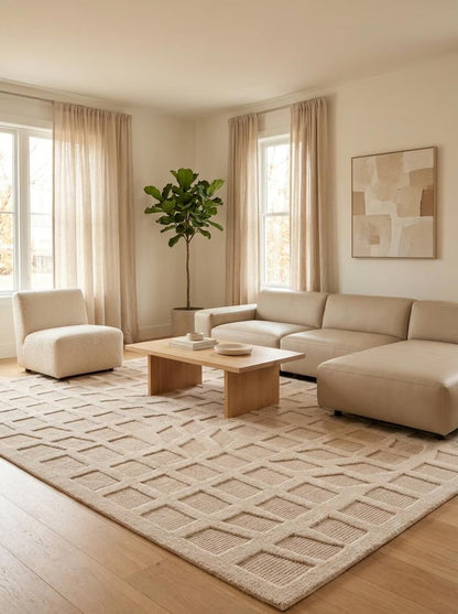 Geometric Grid Plaid Neutral-Tone Rug, Hand-Knotted Beige Wool Rug