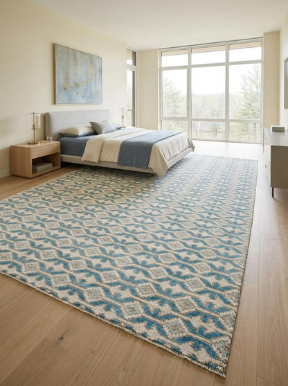 Hand-Knotted Wool Oushak Rug Blue & Ivory Modern-Style Carpet