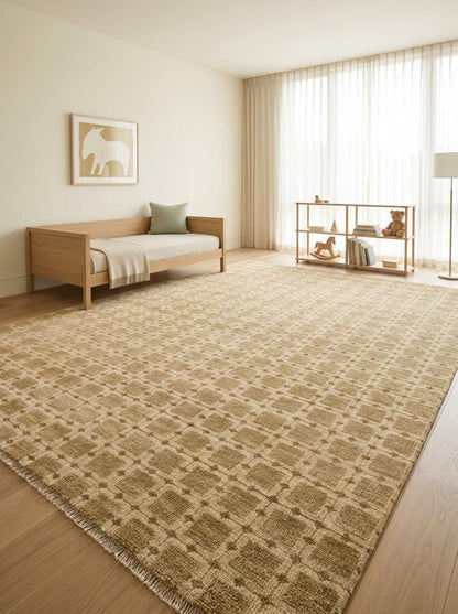 Hand-Knotted Beige Grid Plaid Neutral-Tone Rug