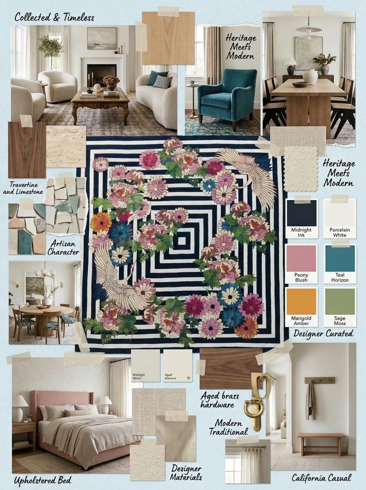 Hand-tufted Wool Rug, Japanese Crane Floral Area Rug, Black-and-White Geometric Striped Carpet