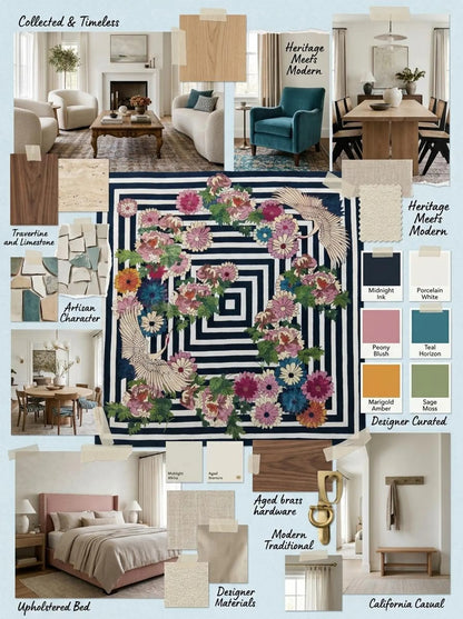 Hand-tufted Wool Rug, Japanese Crane Floral Area Rug, Black-and-White Geometric Striped Carpet