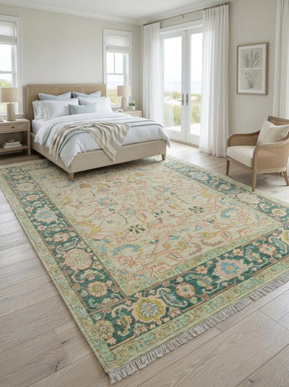 Traditional Pastel Floral Anatolian Hand Knotted Oushak Rug
