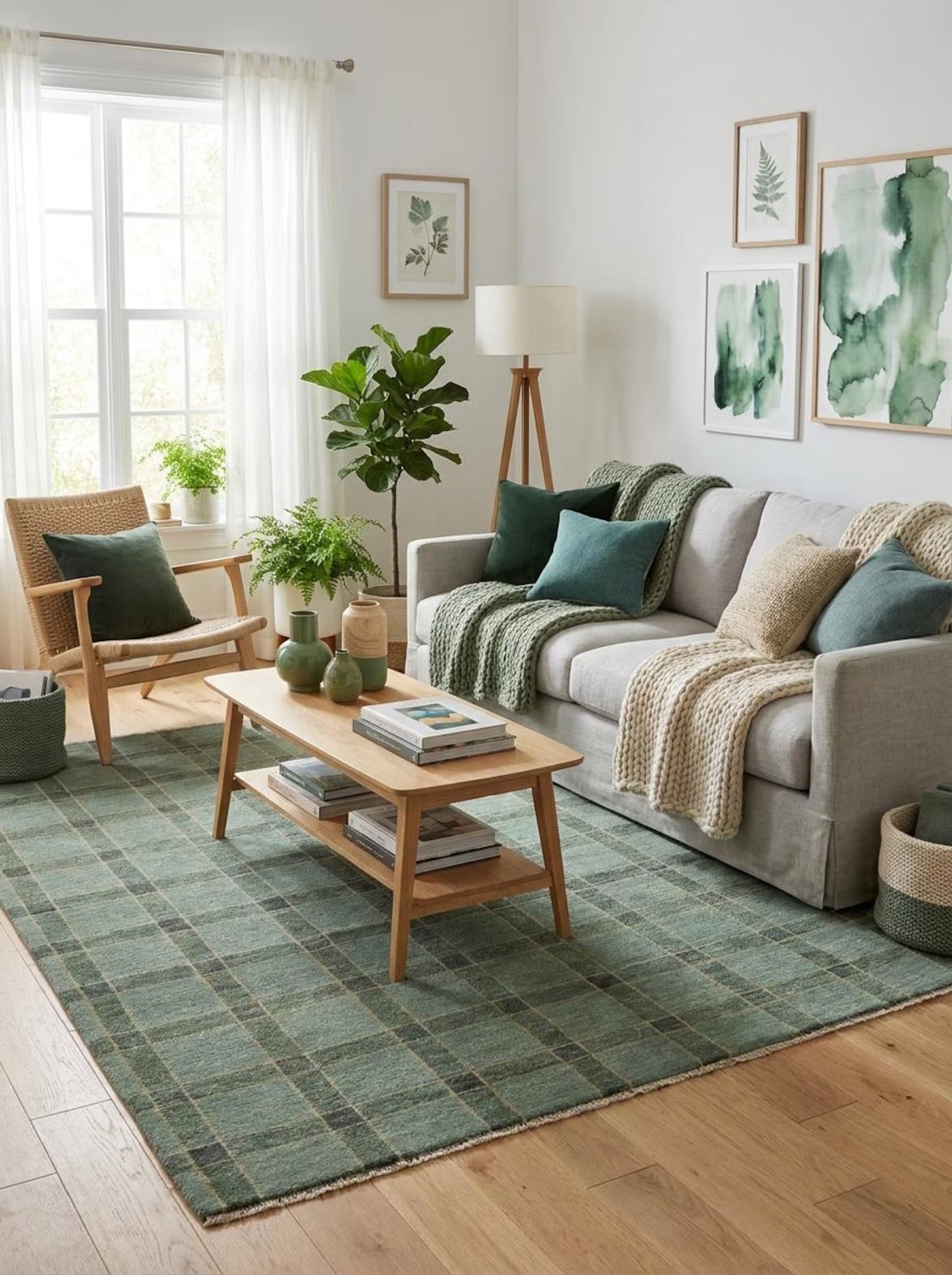 Hand-Knotted Wool Oushak Rug Sage Green Plaid Area Rug