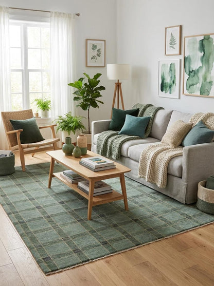 Hand-Knotted Wool Oushak Rug Sage Green Plaid Area Rug