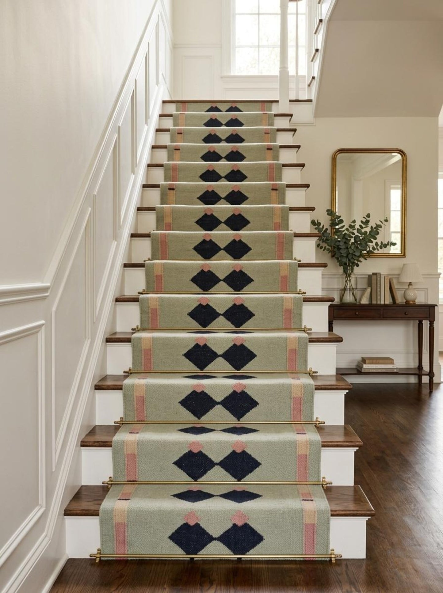 Blue Navy Geometric Pink Accent Boho Wool Flatweave Runner Rug