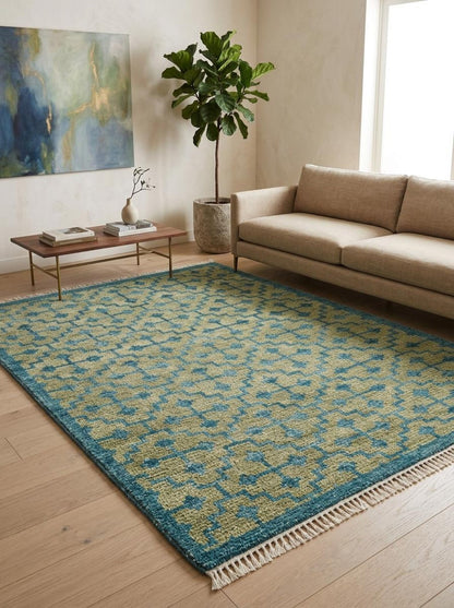 Teal Lattice Olive Diamond Hand Knotted Rug