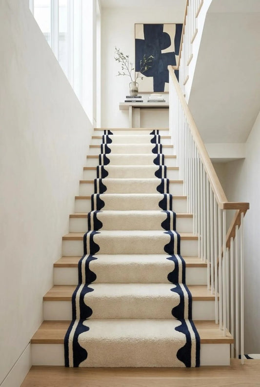 Hand Tufted Wool Runner Rug - Scalloped Navy Blue Border Ivory Hallway Carpet
