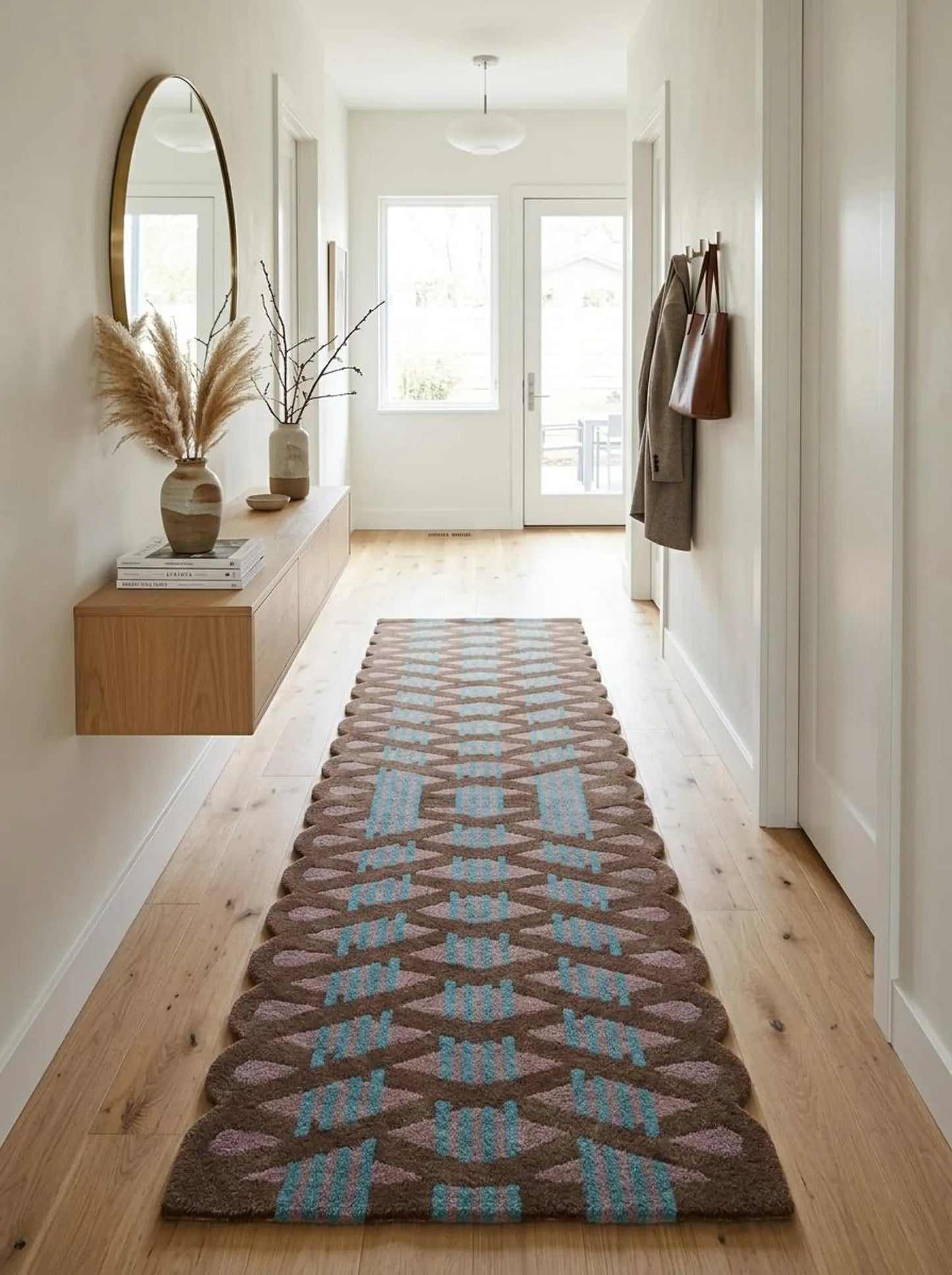 Hand Tufted Wool Runner Rug Scalloped Edge Brown Purple Teal  Stair Runner