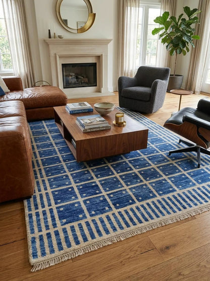 Luxury Indigo Oushak Floor Rug with Striped Border carpet
