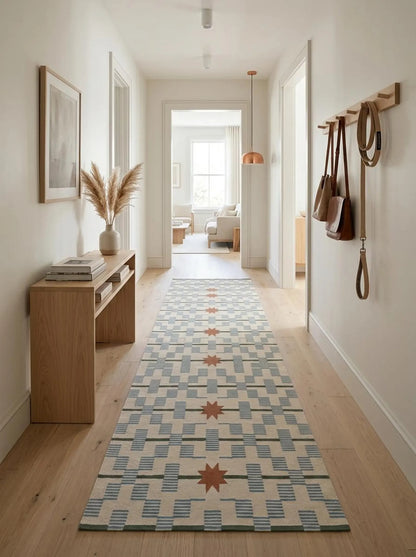 Hand-Tufted Wool Runner Light Blue, Terracotta Rust Stair Runner