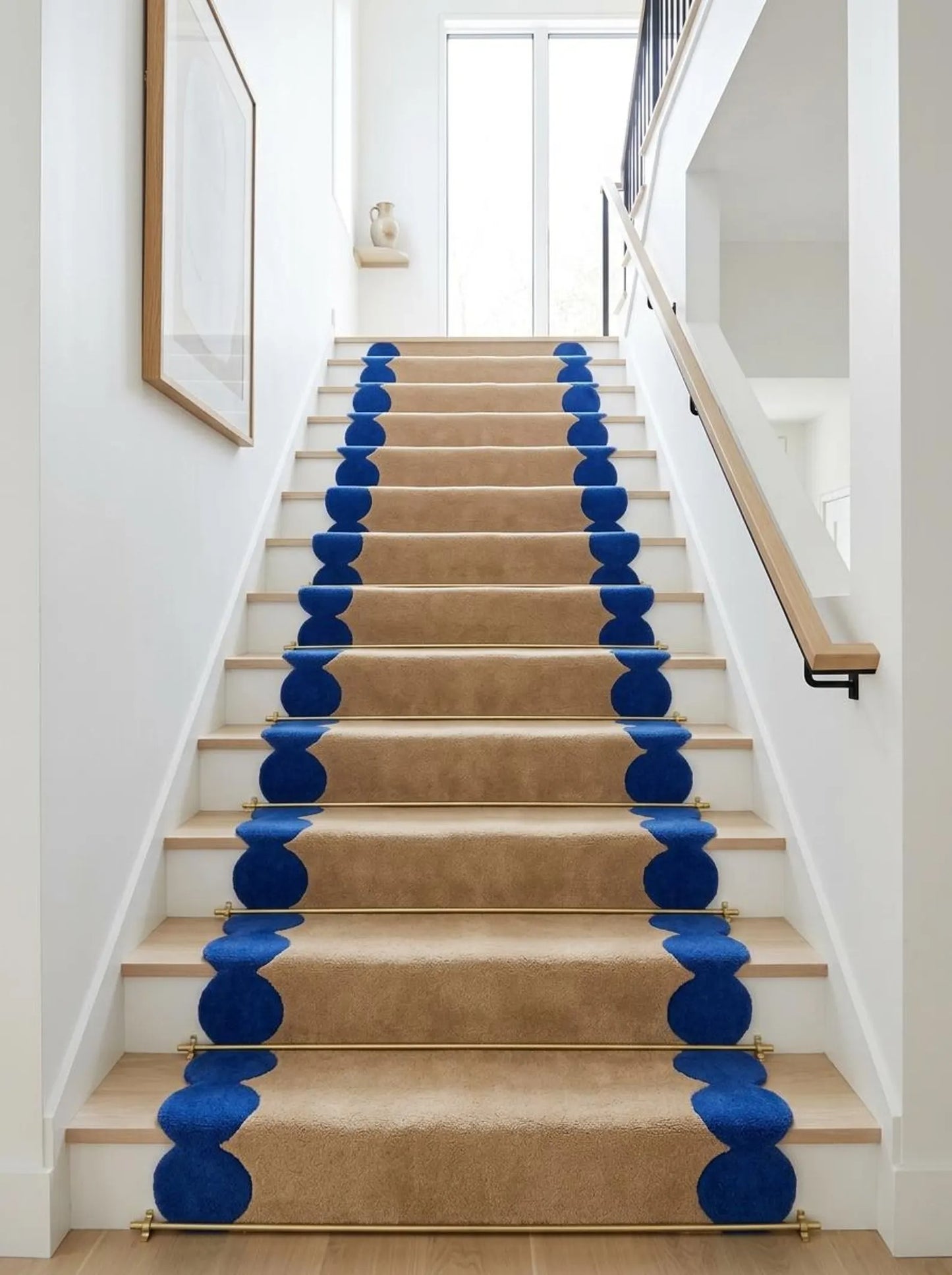 Blue Beige Hand Tufted Wool Runner Rug, Scalloped Edge Hallway Carpet