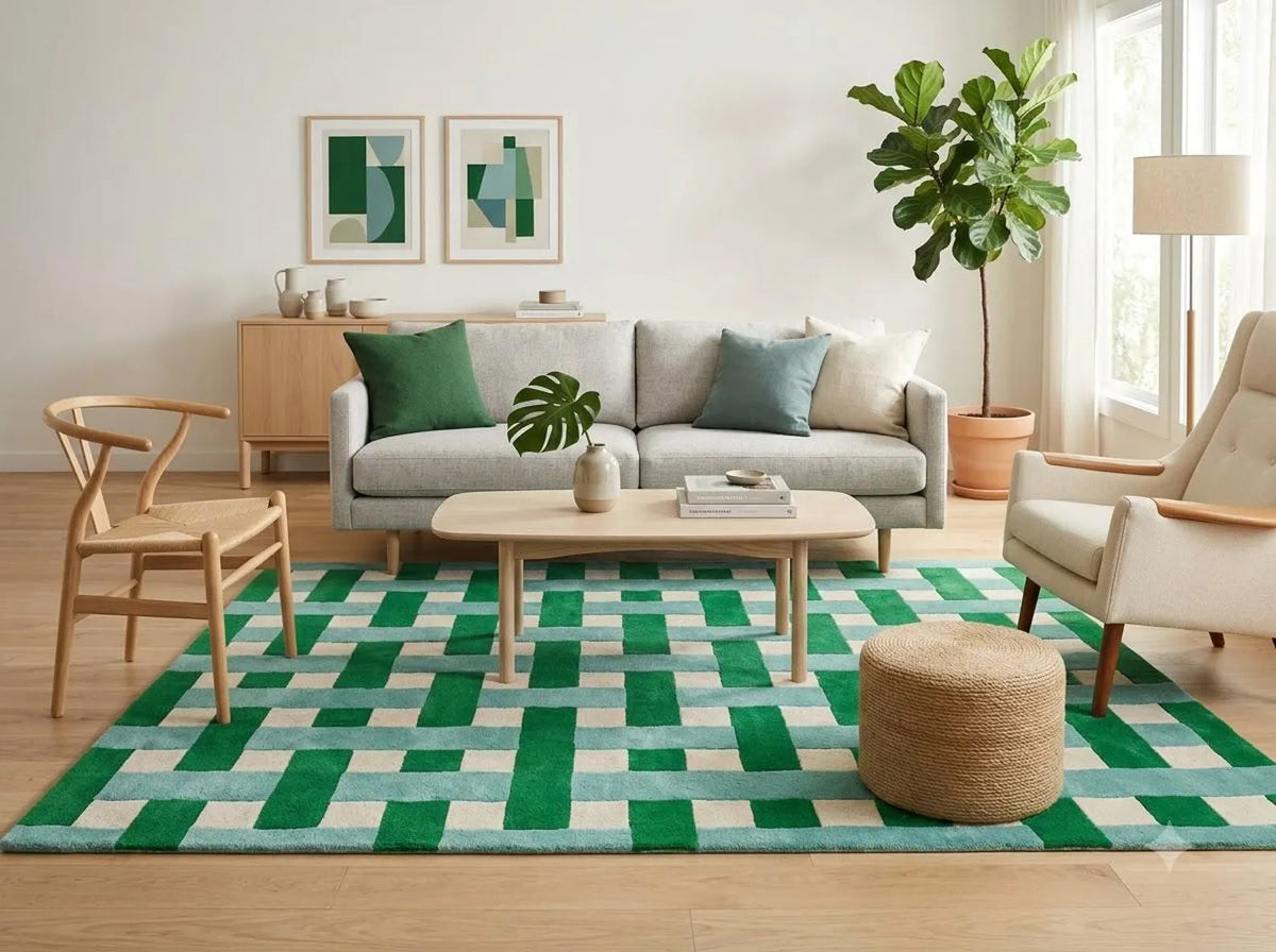 Hand Tufted Wool Carpet, Green, Basketweave, Geometric, Modern Area Rug