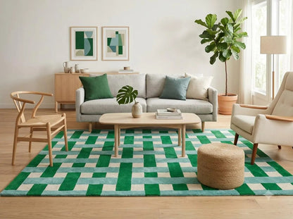 Hand Tufted Wool Carpet, Green, Basketweave, Geometric, Modern Area Rug