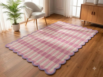 Pink Scalloped Hand-Tufted Rug, Modern Wool Area Carpet, Checkerboard Tufted Rug