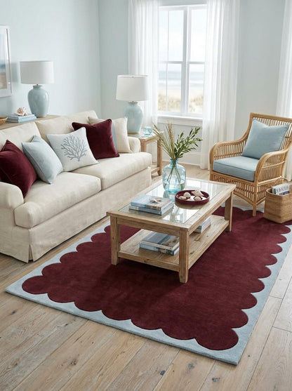 Burgundy Scalloped Area Rug, Maroon Wool Carpet, Handmade Bedroom Rug, Living Room Designer Rug