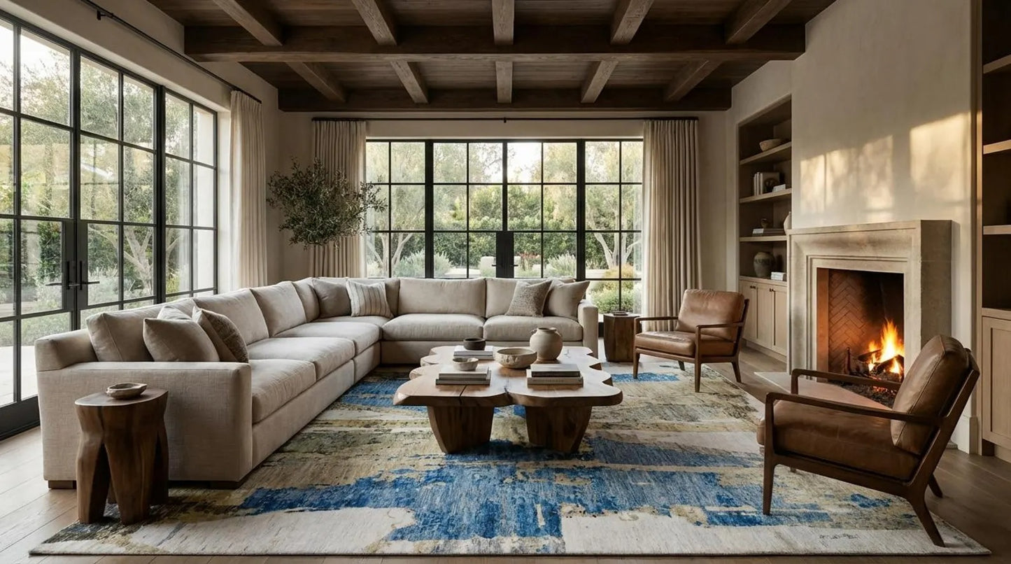 Modern Distressed Horizon Blue & Gold Wool Area Rug