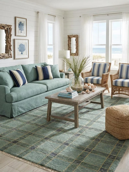 Hand-Knotted Wool Oushak Rug Sage Green Plaid Area Rug