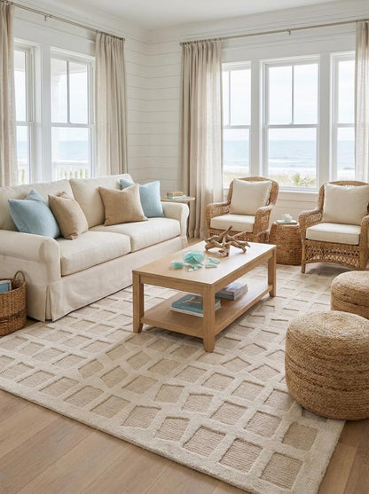 Geometric Grid Plaid Neutral-Tone Rug, Hand-Knotted Beige Wool Rug