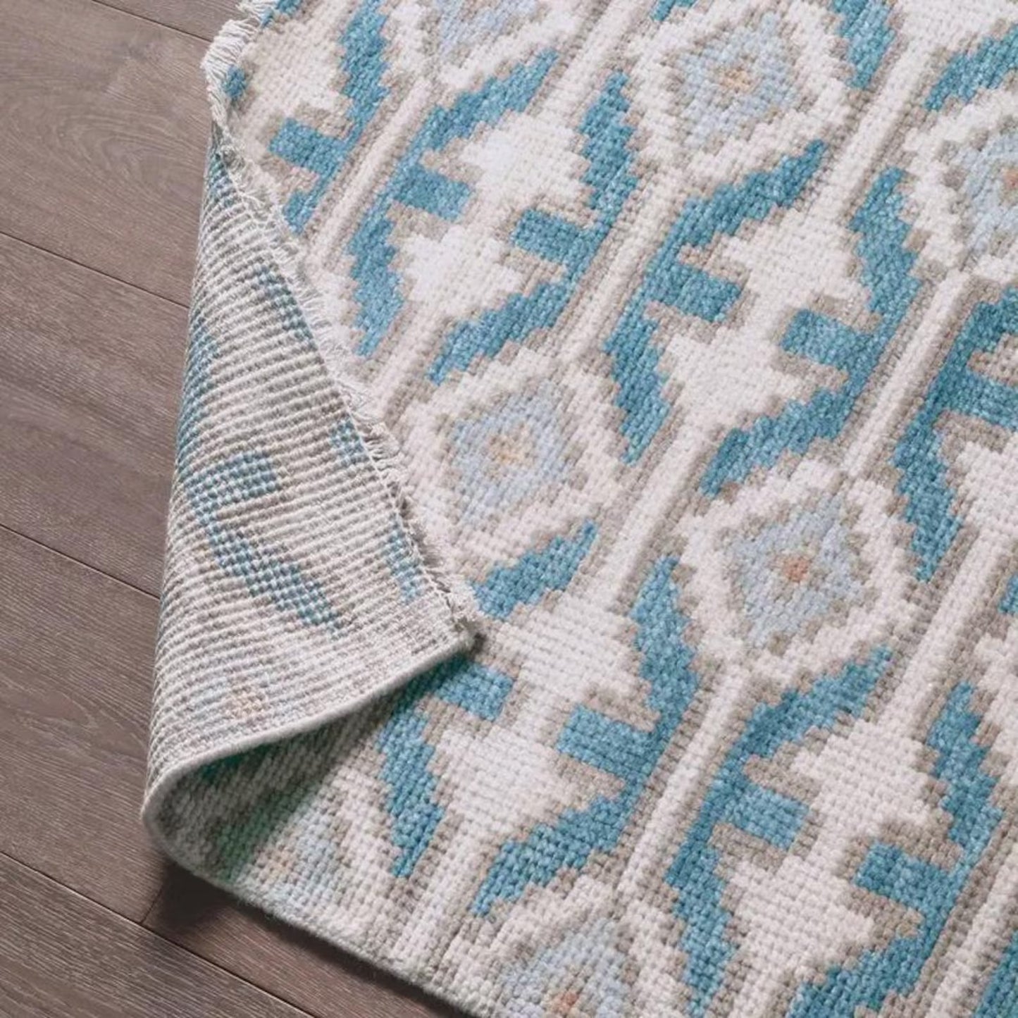 Hand-Knotted Wool Oushak Rug Blue & Ivory Modern-Style Carpet
