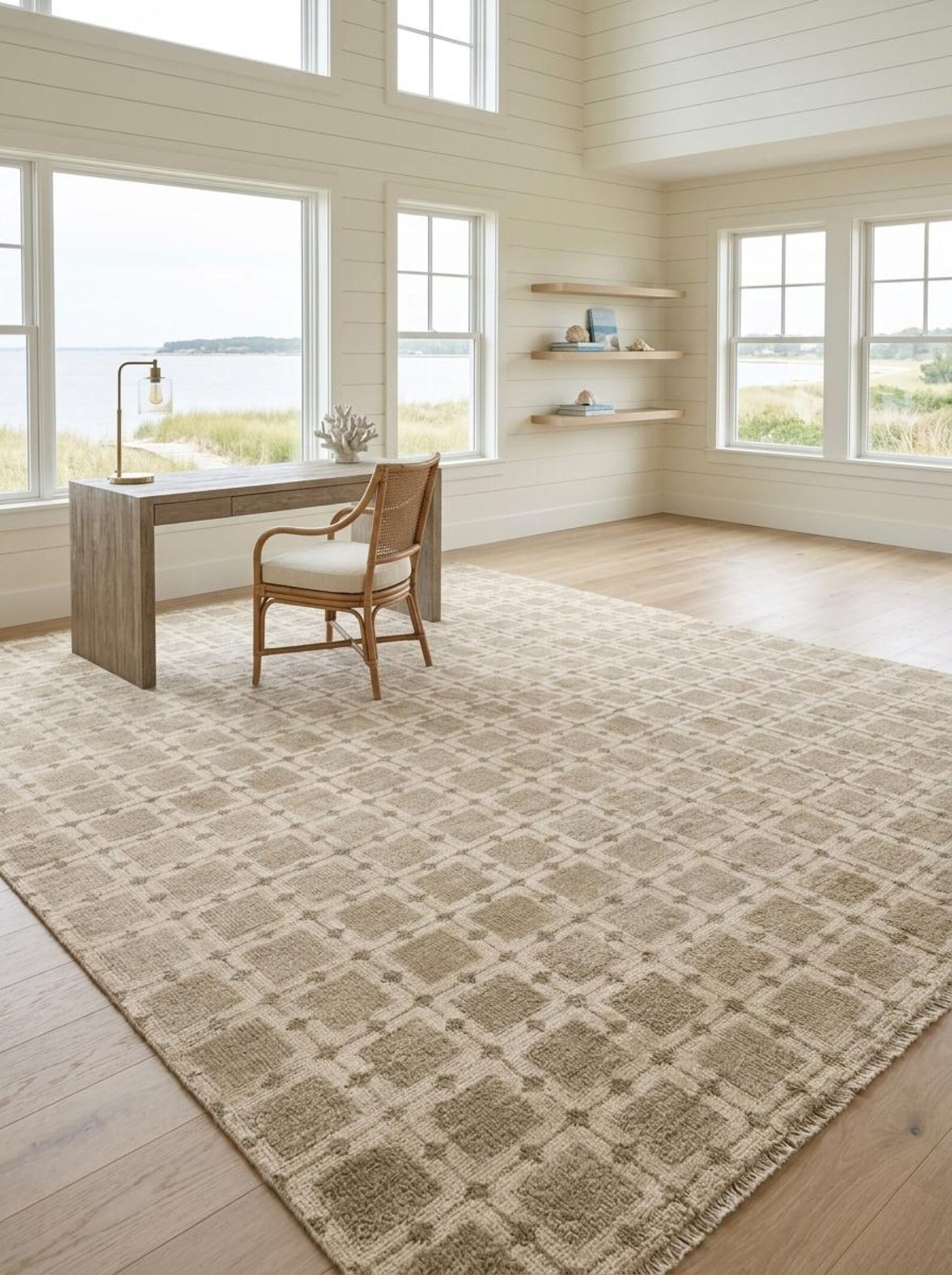 Hand-Knotted Beige Grid Plaid Neutral-Tone Rug