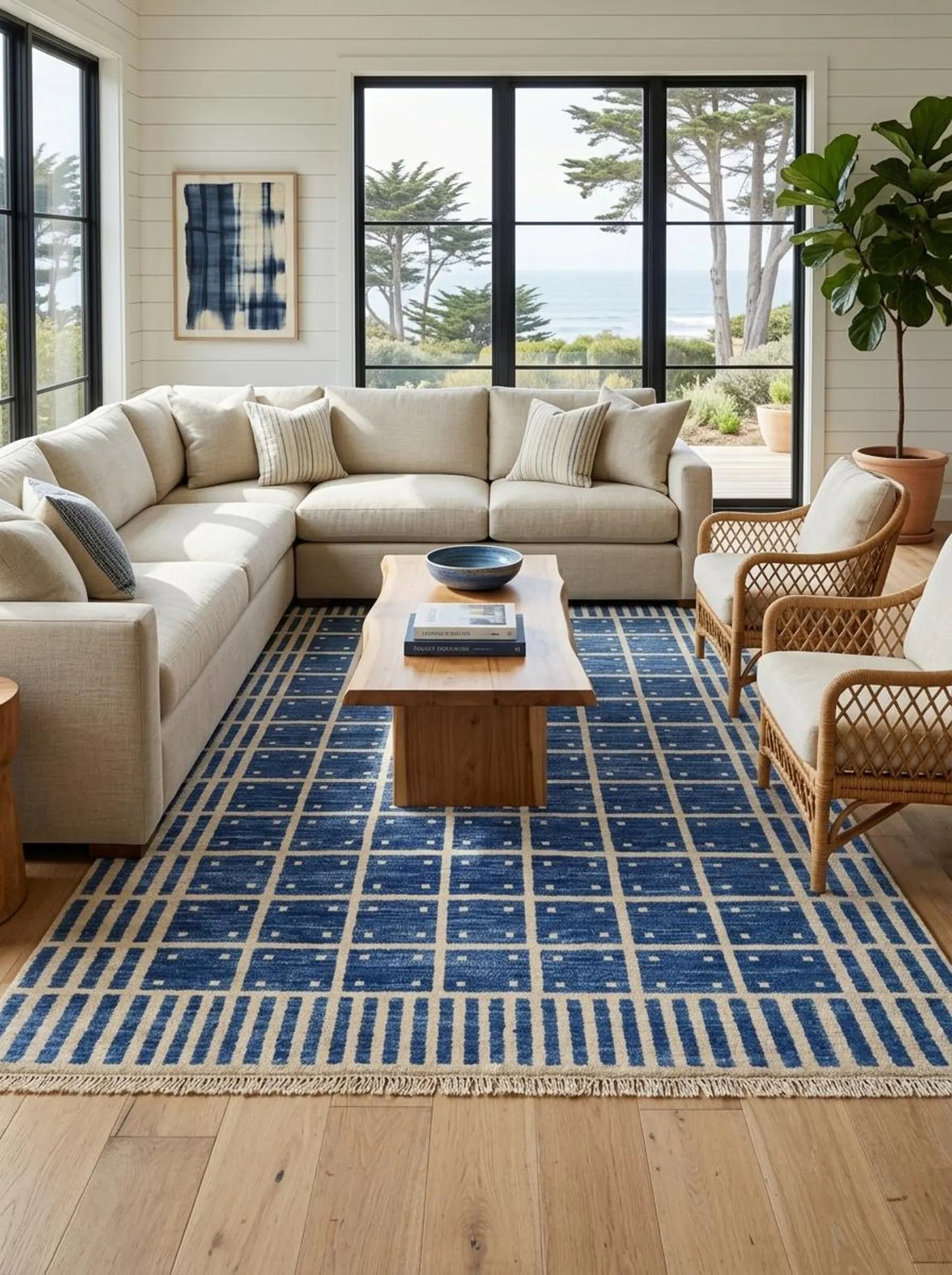 Luxury Indigo Oushak Floor Rug with Striped Border carpet