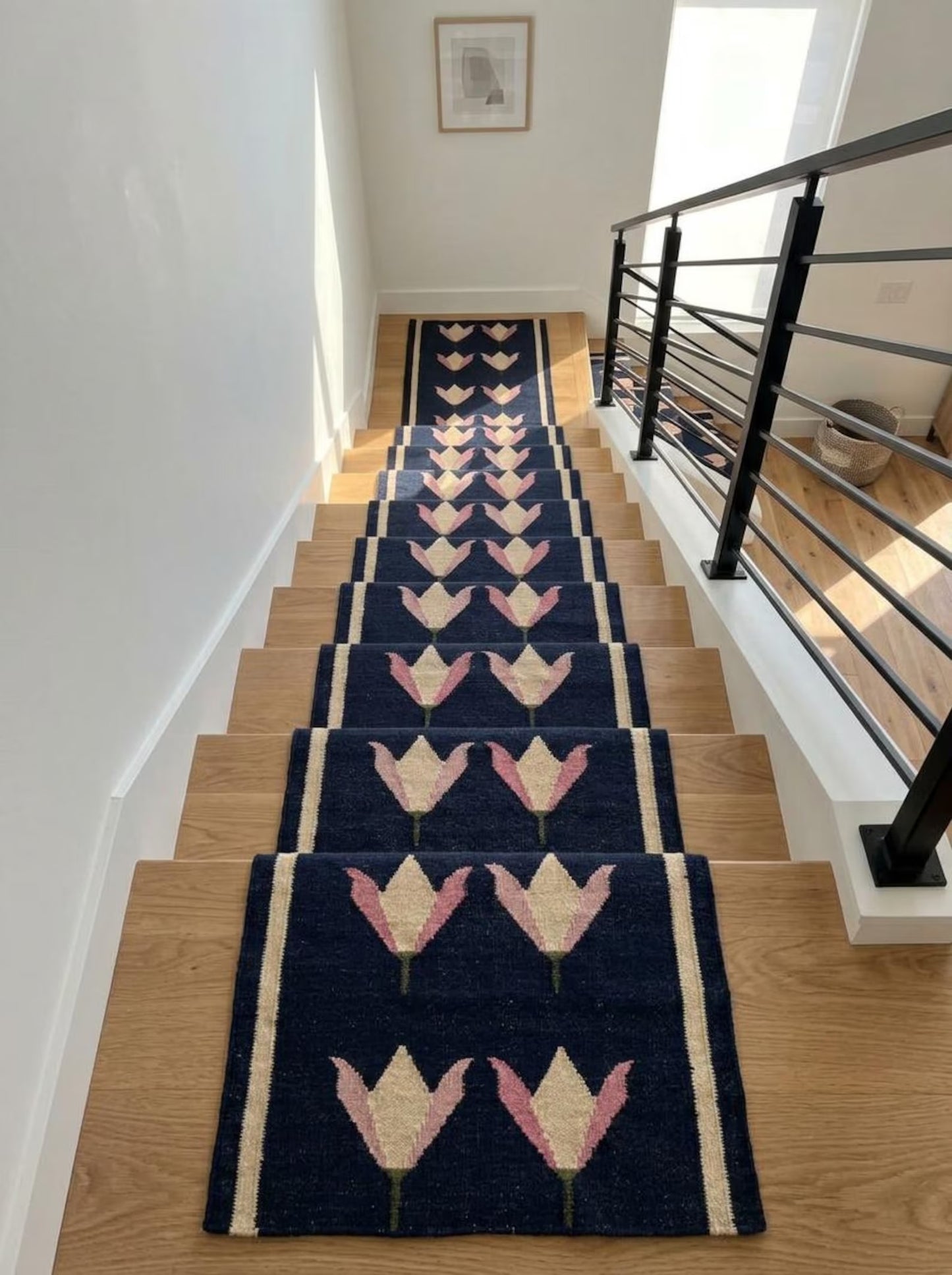 Handwoven Blue Floral Wool Flatweave Runner Rug