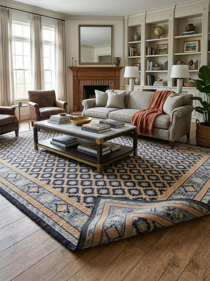 Hand Knotted Oushak Wool Rug Navy Blue & Peach Area Rug