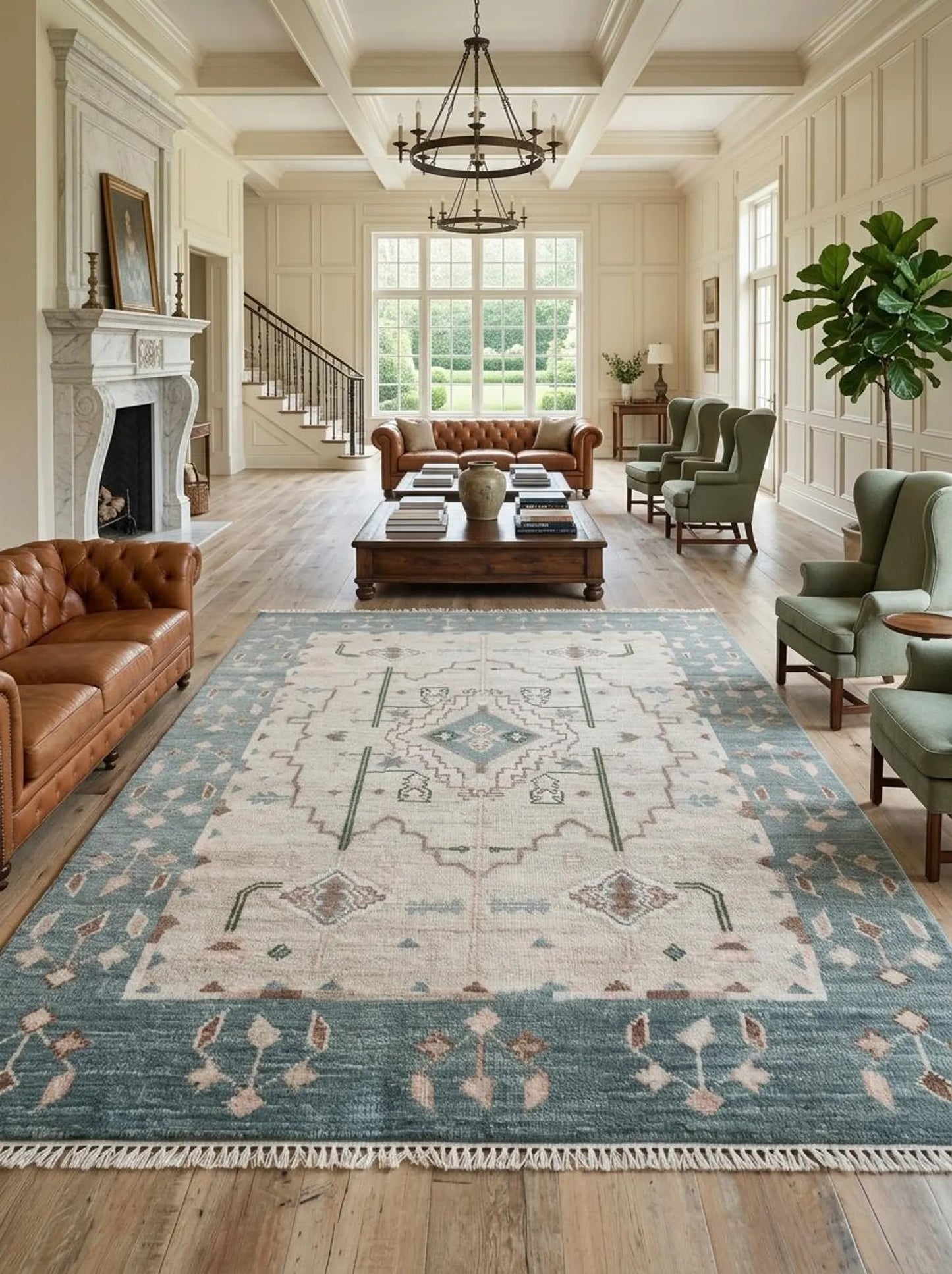 Muted Blue & Off White Medallion Rug Soft Pastel Aesthetic Carpet