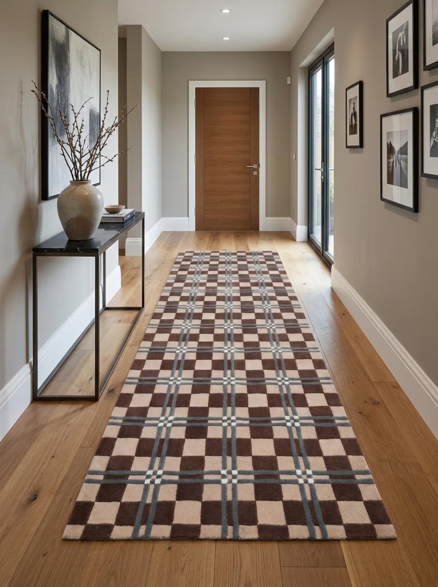 Hand Tufted Wool Runner Rug, Brown Beige Plaid Checkered Hallway Carpet