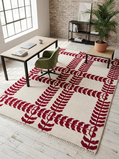 Crimson Red Hand Knotted Modern Geometric Rug