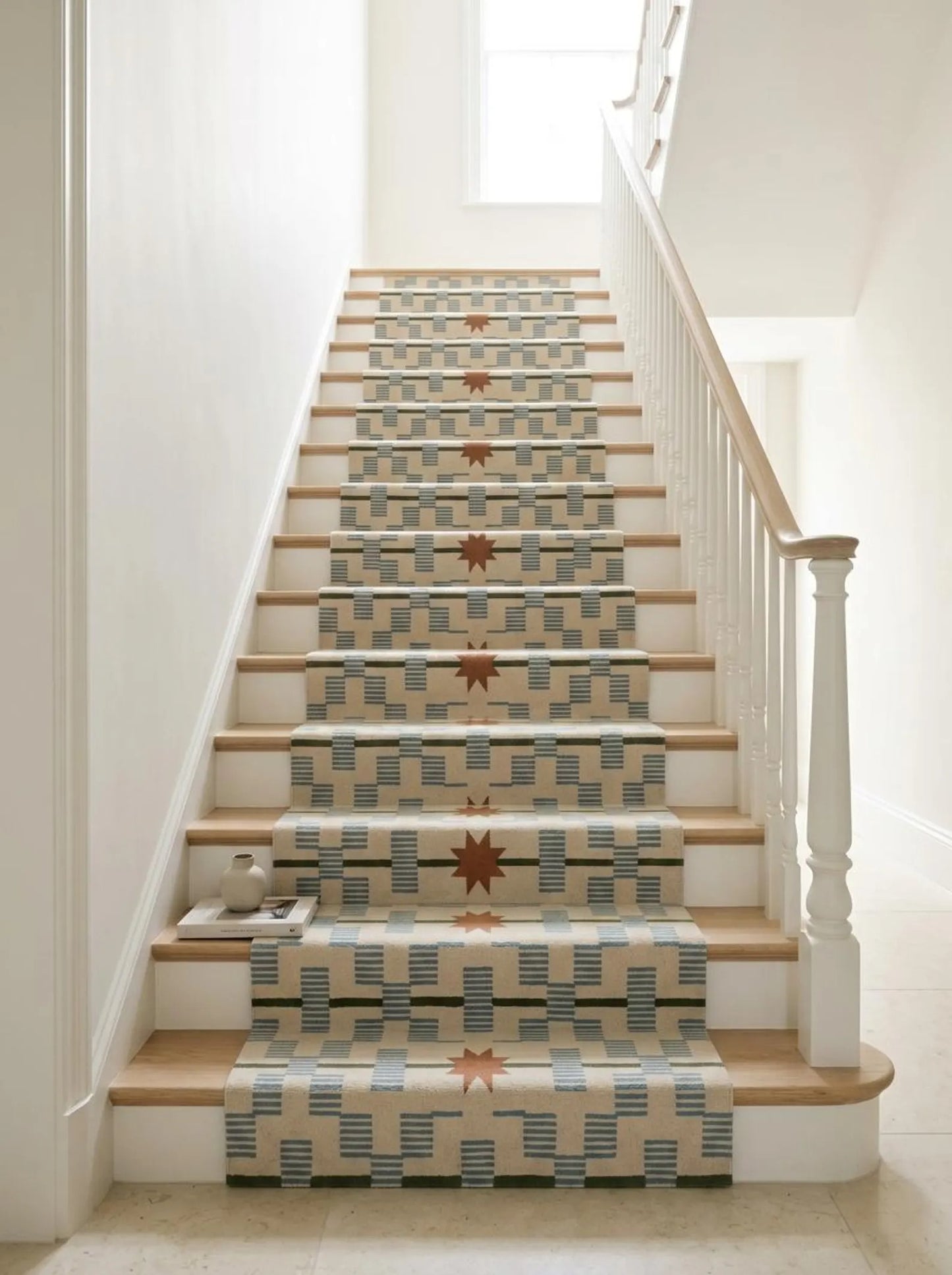 Hand-Tufted Wool Runner Light Blue, Terracotta Rust Stair Runner