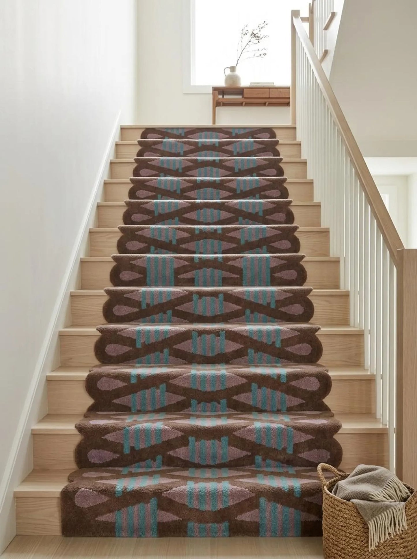Hand Tufted Wool Runner Rug Scalloped Edge Brown Purple Teal  Stair Runner