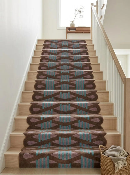 Hand Tufted Wool Runner Rug Scalloped Edge Brown Purple Teal  Stair Runner