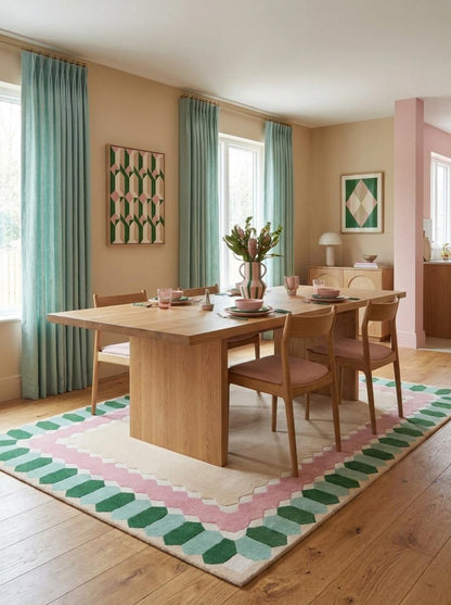 Geometric Border Carpet, Pink Green Area Rug, Nursery Living Room, Bedroom Tufted Rug