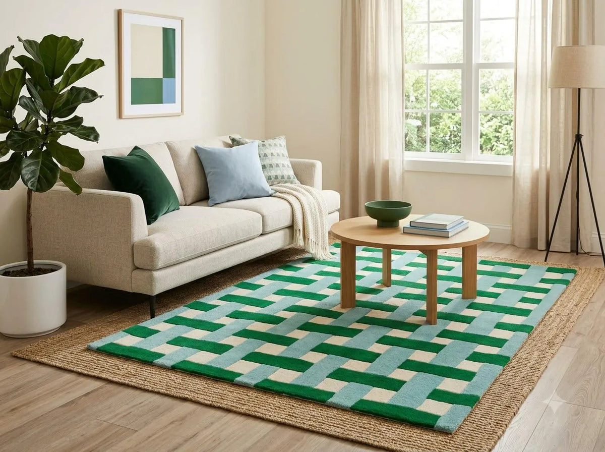 Hand Tufted Wool Carpet, Green, Basketweave, Geometric, Modern Area Rug