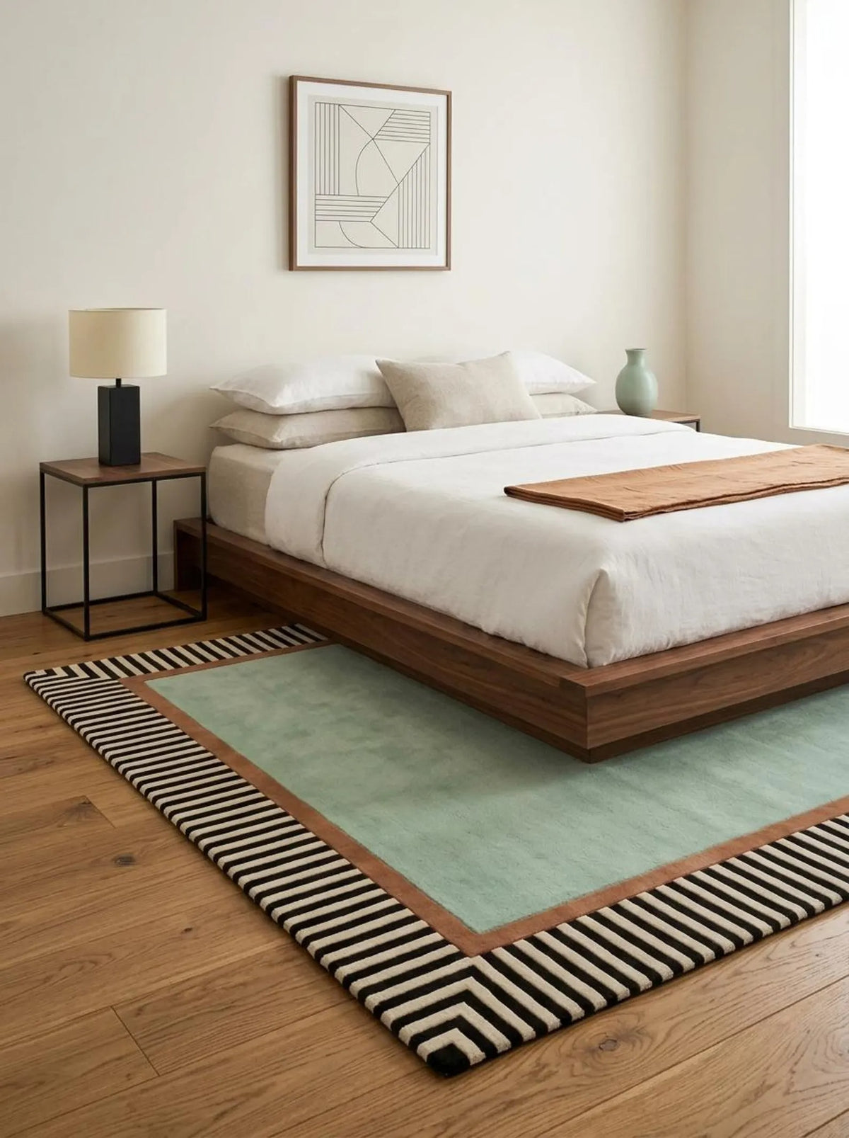 Hand Tufted Wool Rug, Mint Green Area Carpet, Black White Striped Border Rug, Modern Geometric Rug