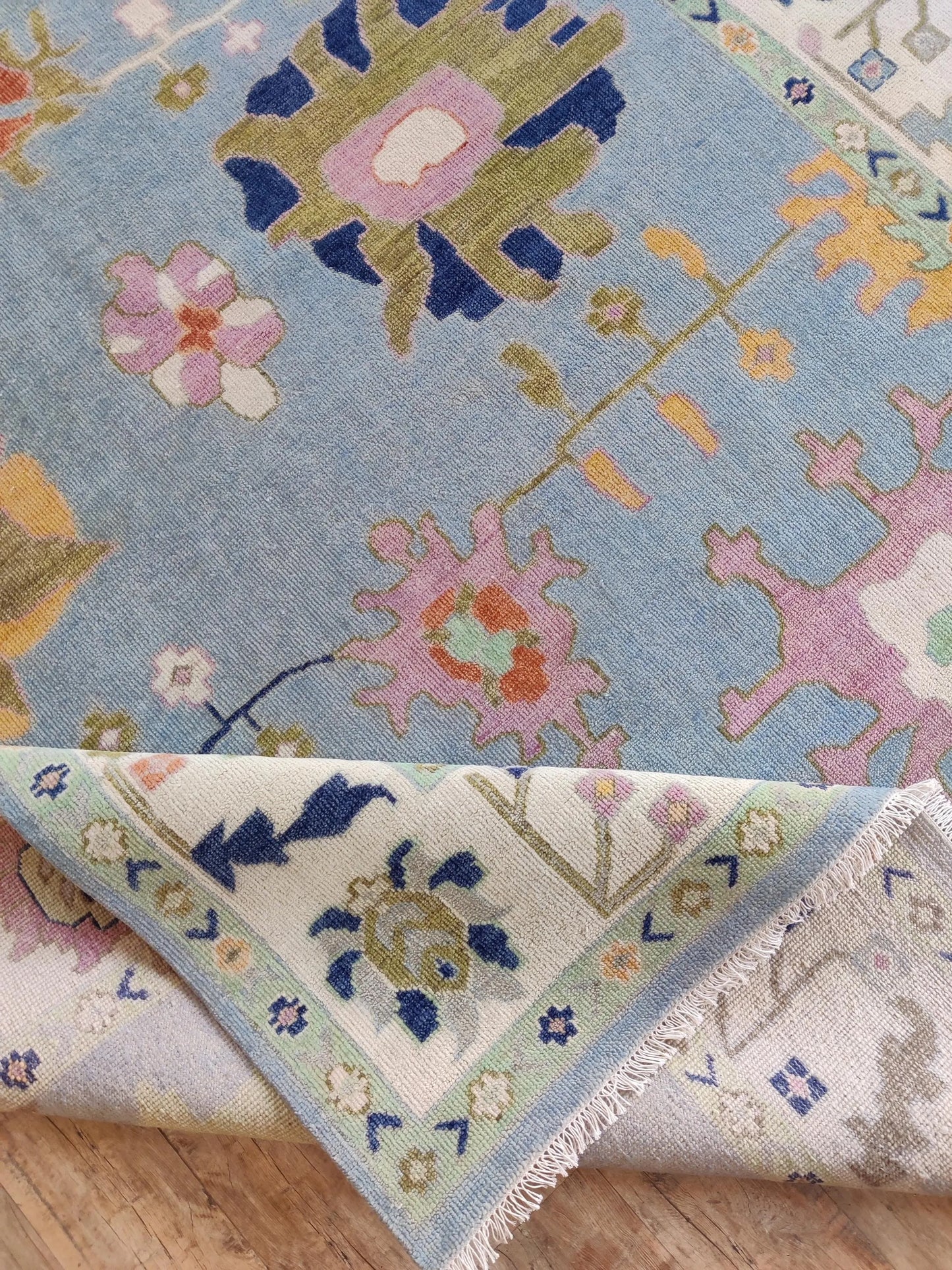 Handmade Turkish Oushak Rug Sky Blue Floral Wool Carpet