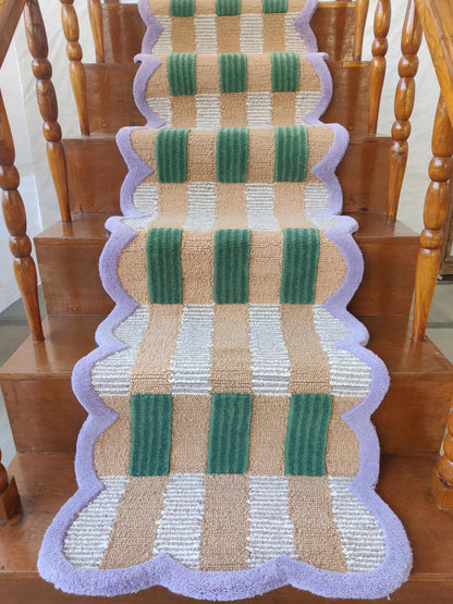 Hand-Tufted Wool Hallway Runner Neutral Plaid Rug with Scalloped Edge