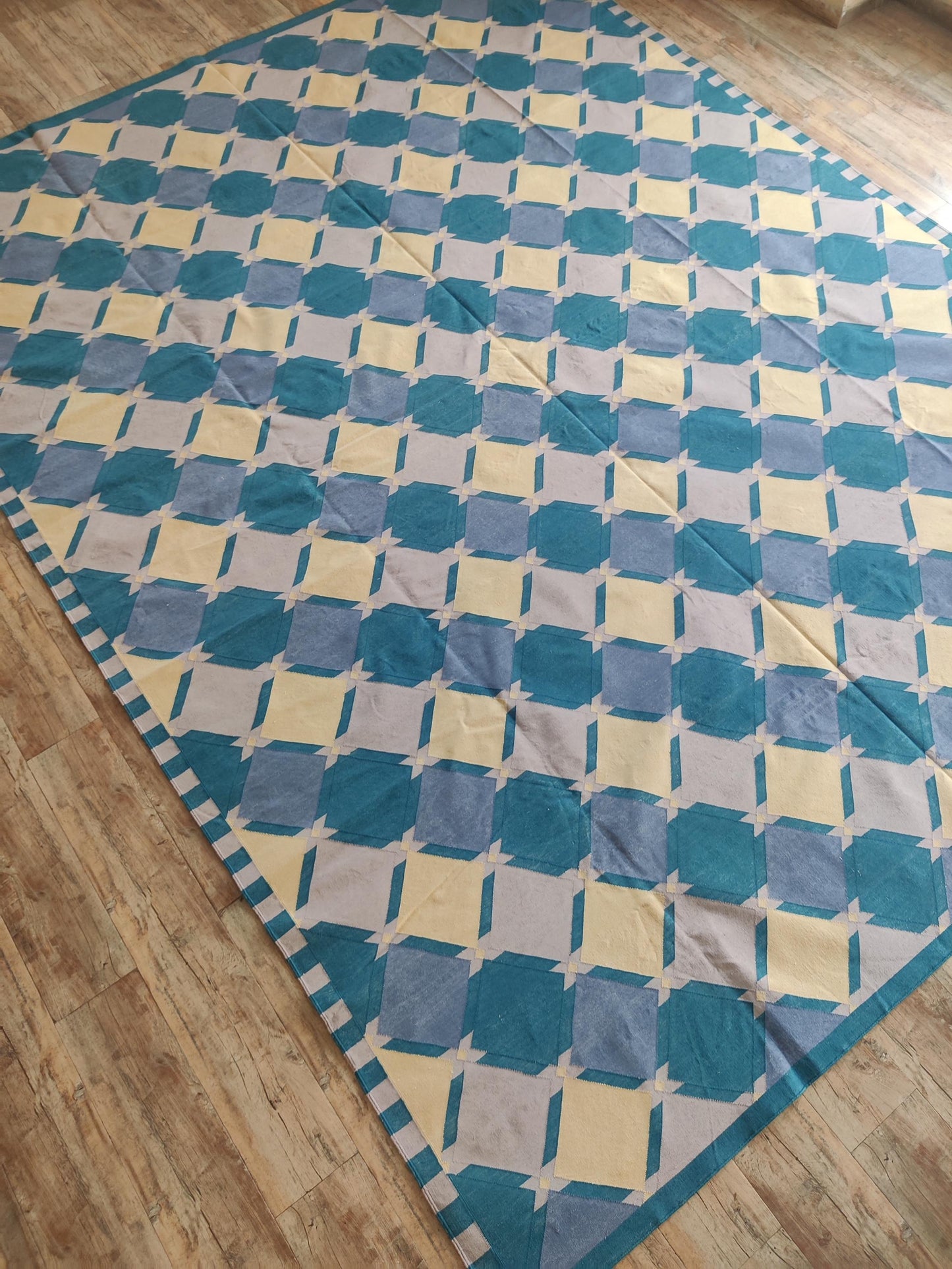 Geometric Diamond Lattice in Teal, Blue & Ivory Rug