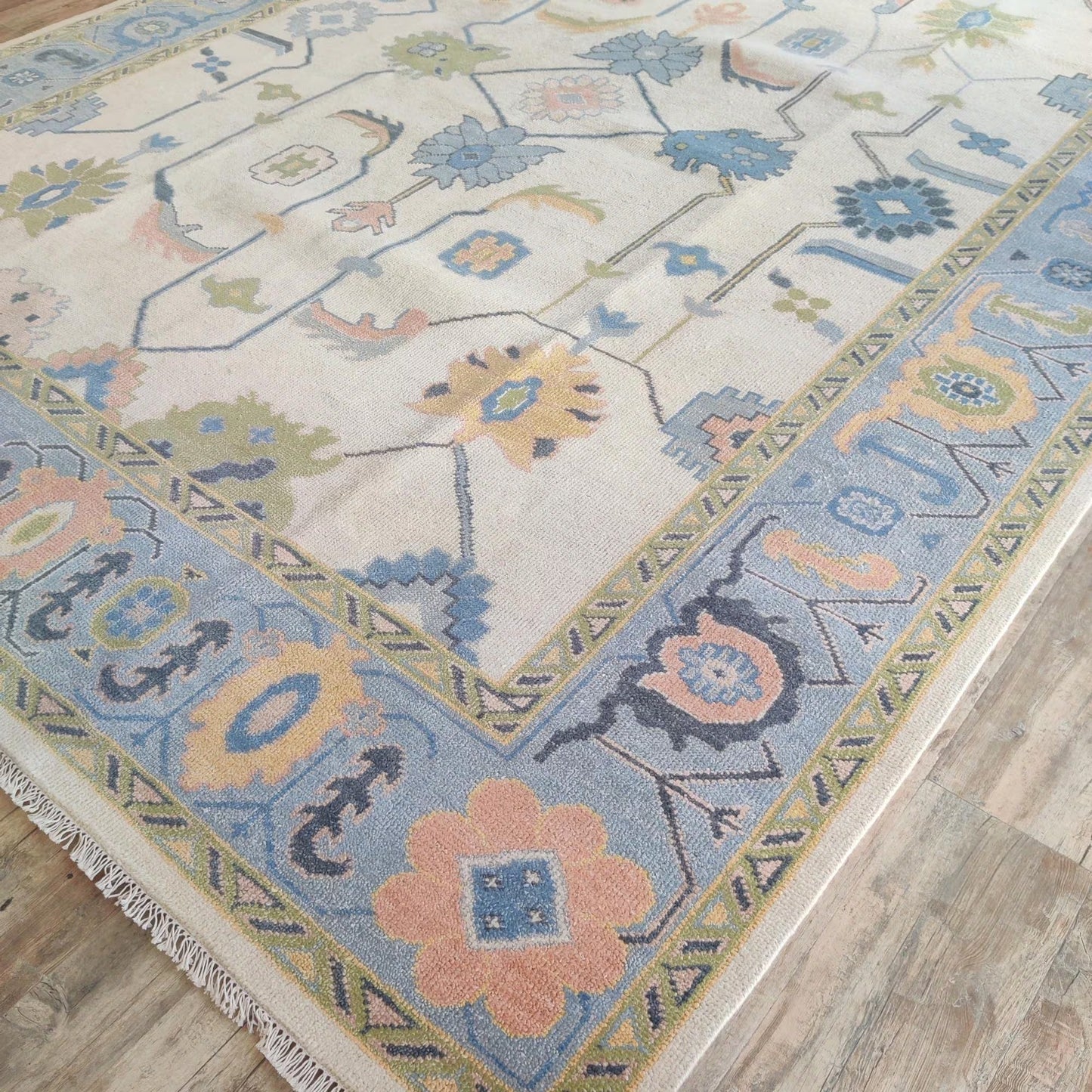 Handmade Wool Oushak Rug Sea Blue Border Floral Design Carpet