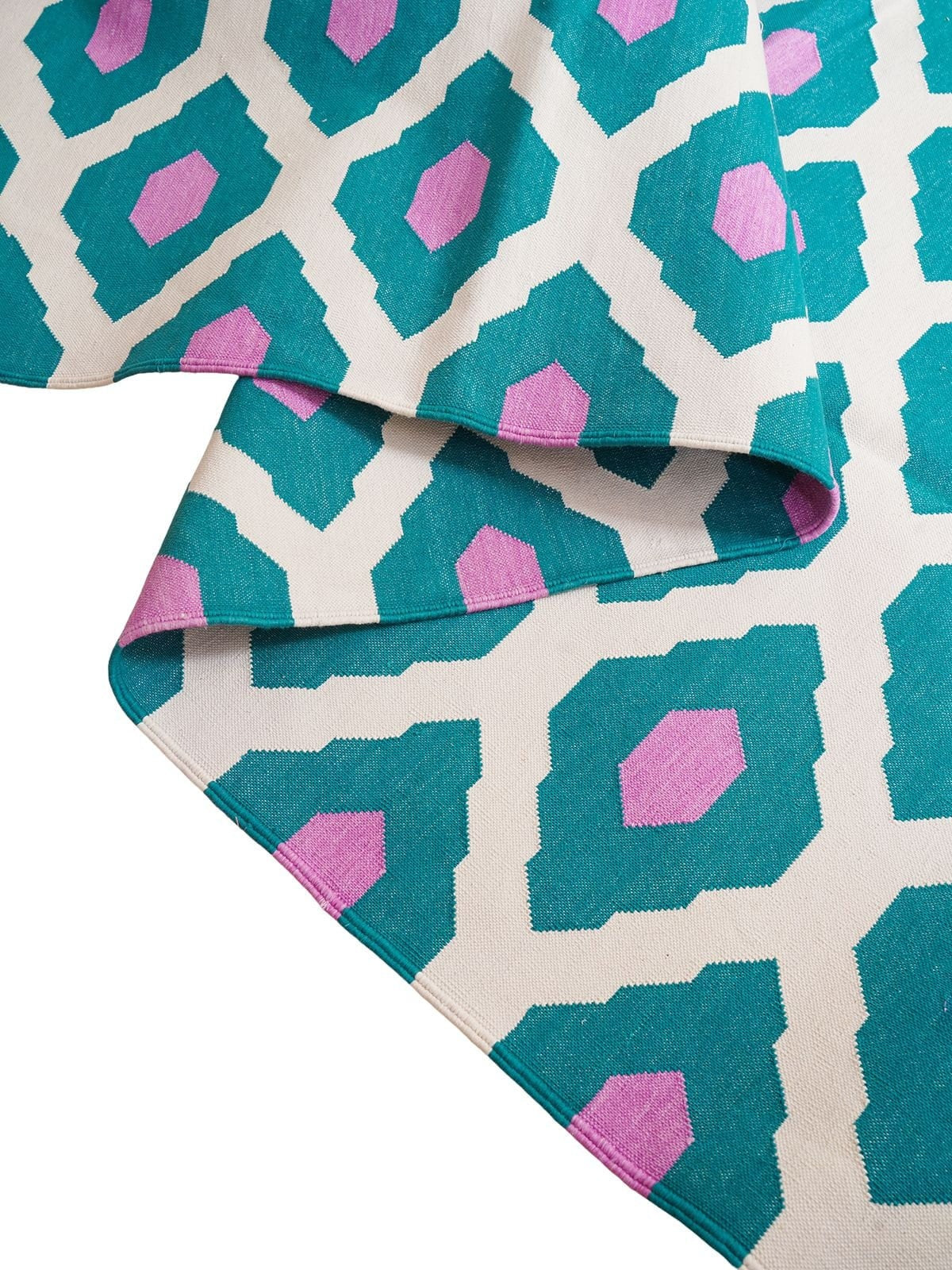 Teal Magenta Geometric Diamond Cotton Flatweave Rug