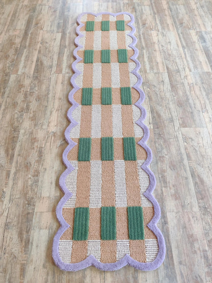 Hand-Tufted Wool Hallway Runner Neutral Plaid Rug with Scalloped Edge