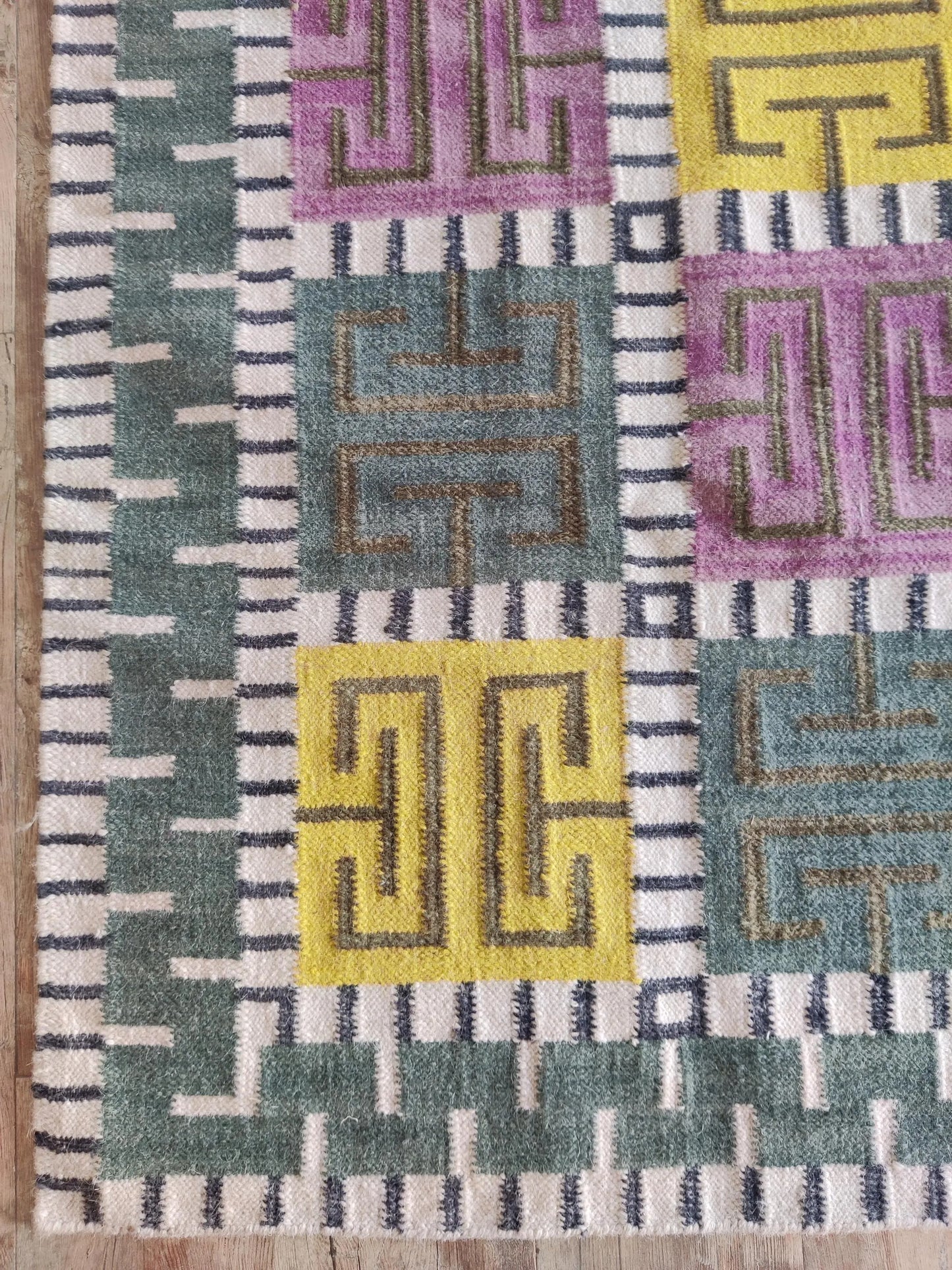 Greek Key Color-Block Matrix - Modern Yellow & Purple Wool Cotton Dhurrie Rug