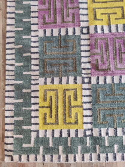 Greek Key Color-Block Matrix - Modern Yellow & Purple Wool Cotton Dhurrie Rug