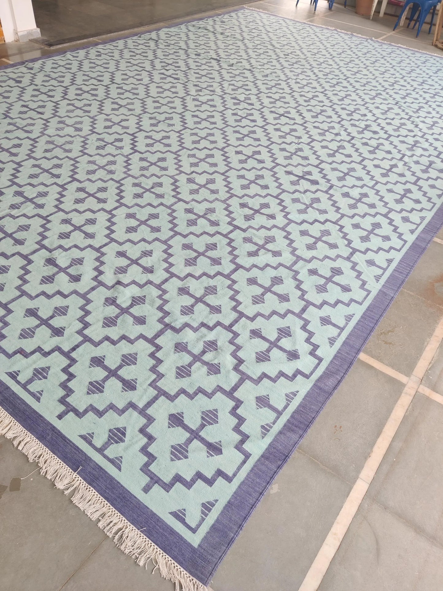 Blue Ivory Geometric Cross Diamond Cotton Flatweave Rug