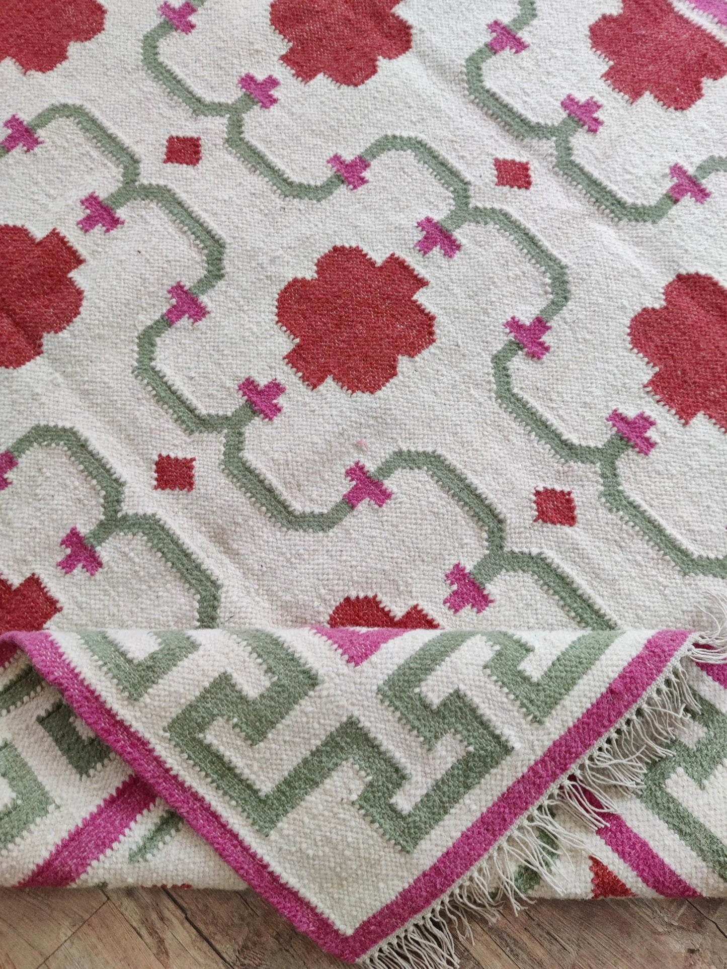 Crimson Greek Key Blossom Handwoven Symmetrical Floral Rug