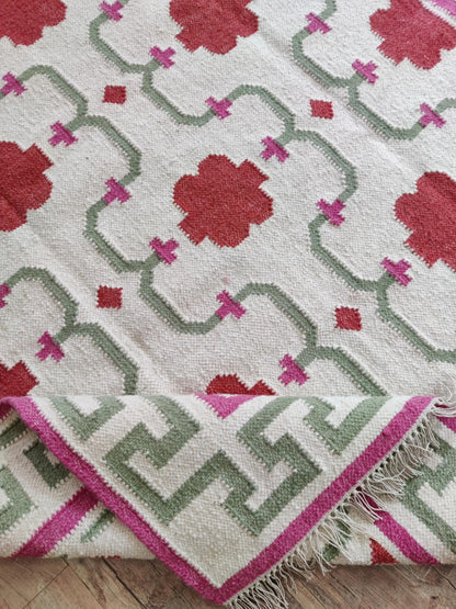 Crimson Greek Key Blossom Handwoven Symmetrical Floral Rug