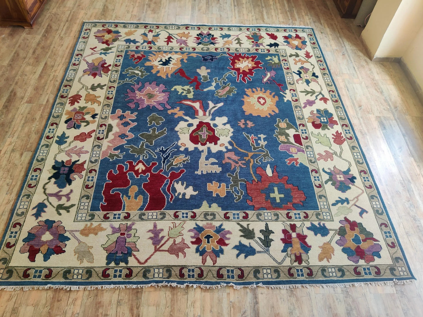 Hand Knotted Wool Oushak Rug Blue Anatolian Carpet