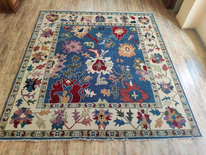 Hand Knotted Wool Oushak Rug Blue Anatolian Carpet
