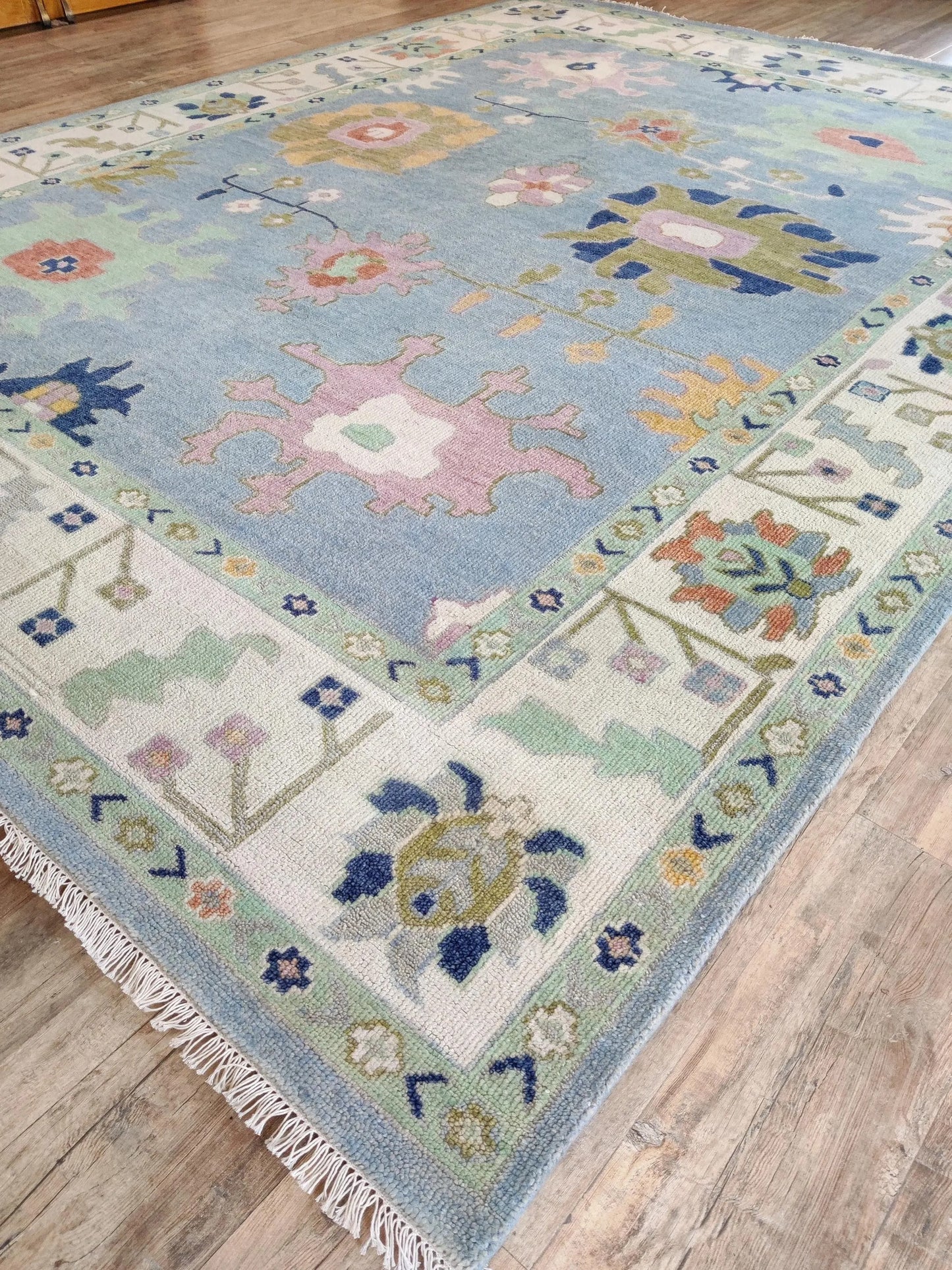 Handmade Turkish Oushak Rug Sky Blue Floral Wool Carpet